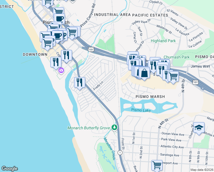 map of restaurants, bars, coffee shops, grocery stores, and more near 200 South Dolliver Street in Pismo Beach