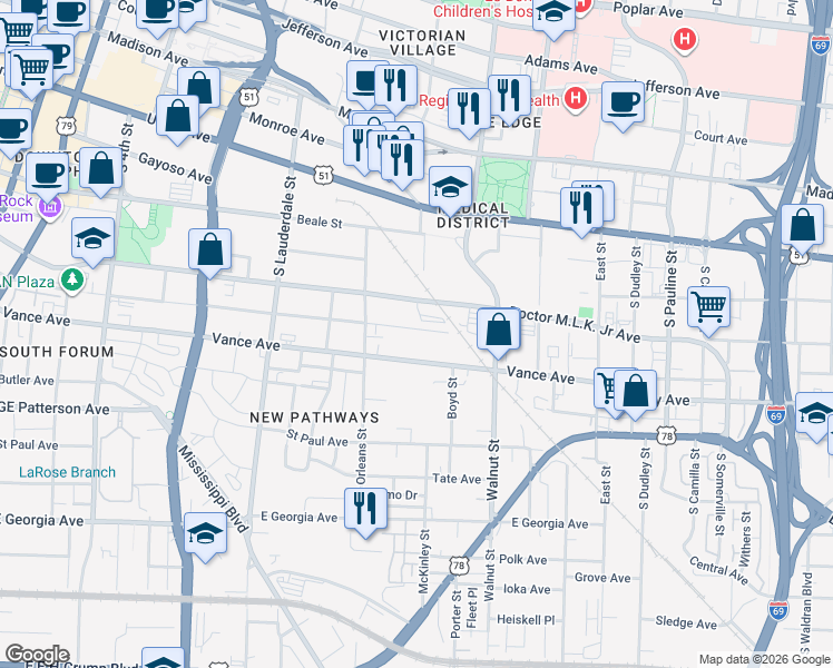map of restaurants, bars, coffee shops, grocery stores, and more near 708 Vance Avenue in Memphis