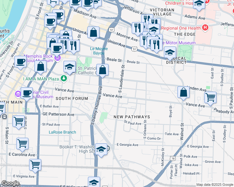 map of restaurants, bars, coffee shops, grocery stores, and more near 544 Vance Avenue in Memphis