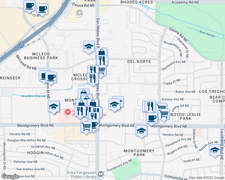 map of restaurants, bars, coffee shops, grocery stores, and more near 4800 San Mateo Lane Northeast in Albuquerque