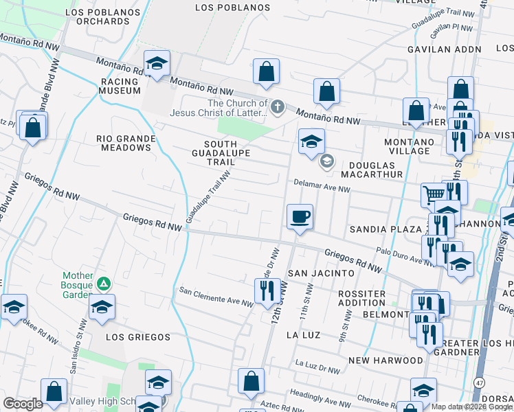 map of restaurants, bars, coffee shops, grocery stores, and more near 4842 Guadalupe Trail Northwest in Albuquerque