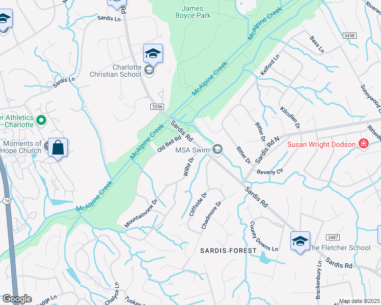 map of restaurants, bars, coffee shops, grocery stores, and more near 122 Wilby Drive in Charlotte