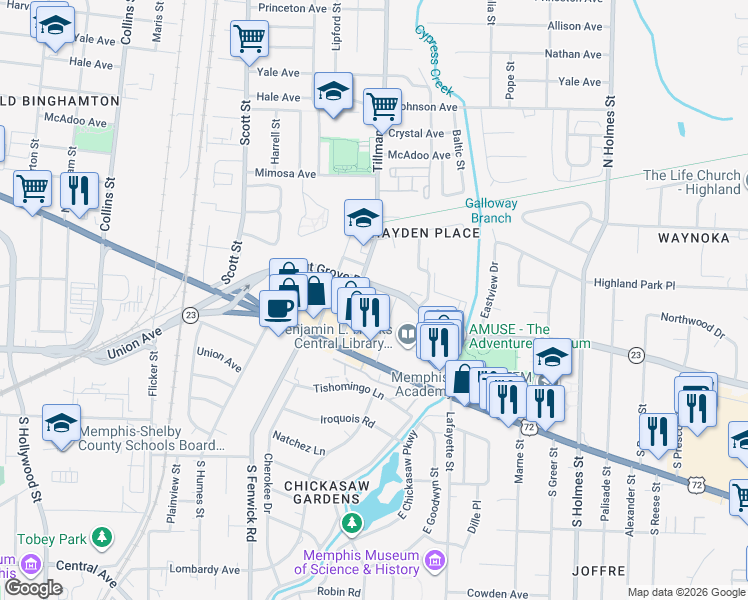 map of restaurants, bars, coffee shops, grocery stores, and more near 2980 Poplar Avenue in Memphis