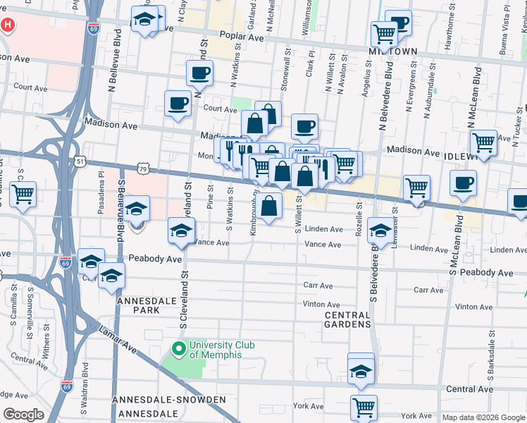 map of restaurants, bars, coffee shops, grocery stores, and more near 1484 Linden Avenue in Memphis