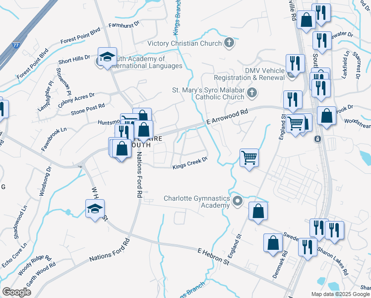 map of restaurants, bars, coffee shops, grocery stores, and more near 7577 Silver Arrow Drive in Charlotte