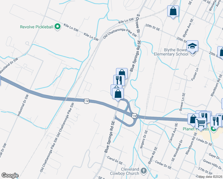 map of restaurants, bars, coffee shops, grocery stores, and more near 2500 Blue Springs Rd in Cleveland