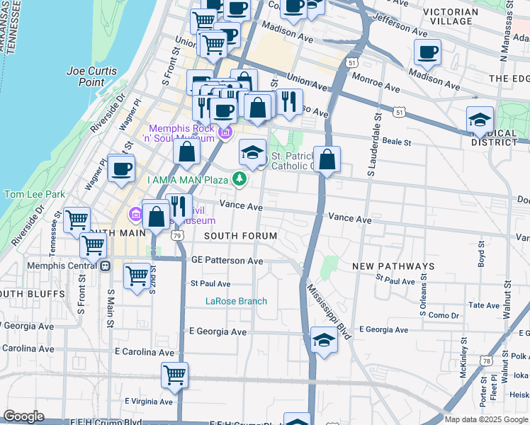 map of restaurants, bars, coffee shops, grocery stores, and more near 365 Vance Avenue in Memphis