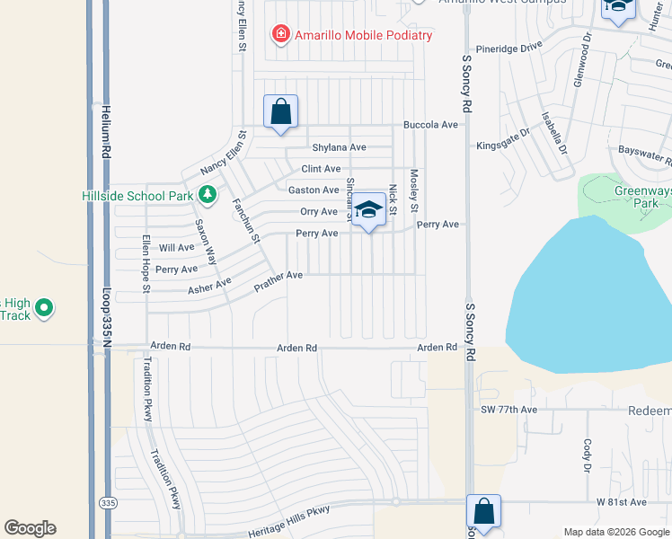 map of restaurants, bars, coffee shops, grocery stores, and more near 7117 Wilkerson Street in Amarillo