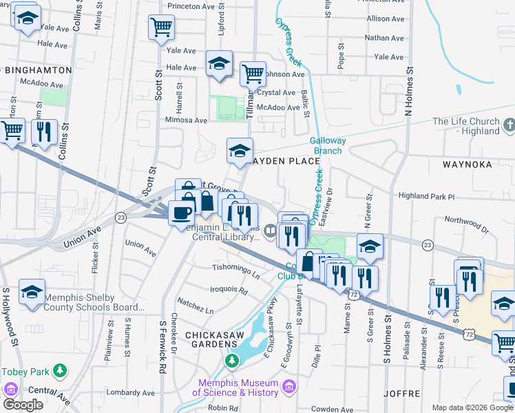 map of restaurants, bars, coffee shops, grocery stores, and more near 3009 Walnut Grove Road in Memphis