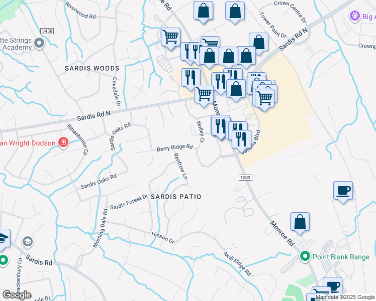 map of restaurants, bars, coffee shops, grocery stores, and more near 9004 Nolley Court in Charlotte