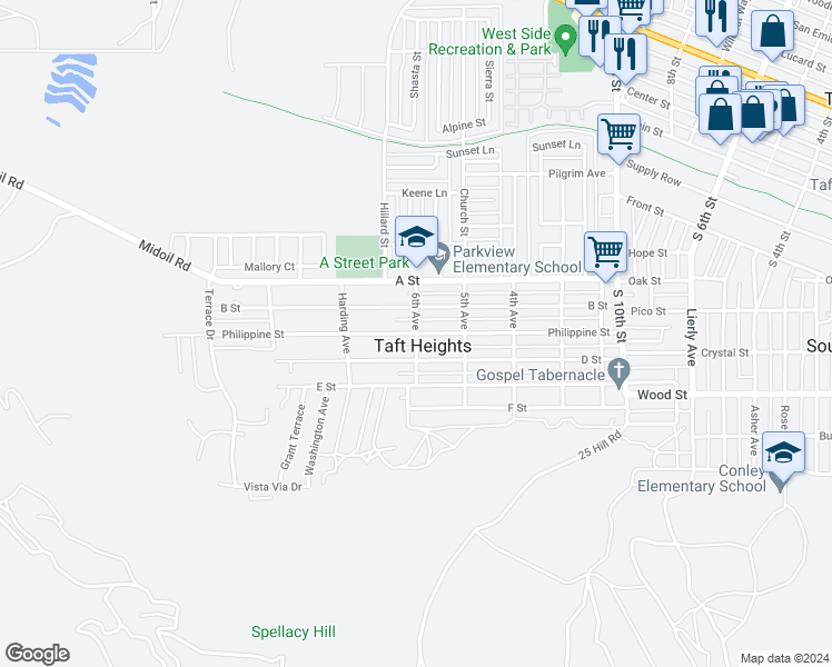 map of restaurants, bars, coffee shops, grocery stores, and more near 301 6th Avenue in Taft