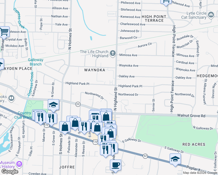 map of restaurants, bars, coffee shops, grocery stores, and more near 3472 Highland Cove in Memphis