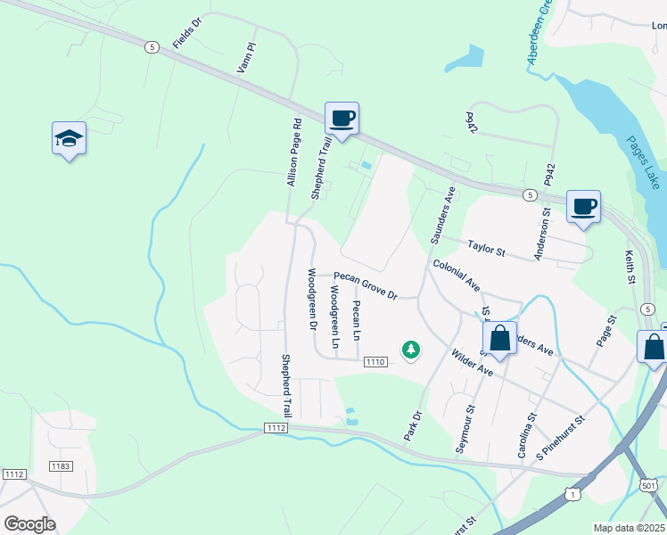 map of restaurants, bars, coffee shops, grocery stores, and more near 115 Pecan Grove Drive in Aberdeen
