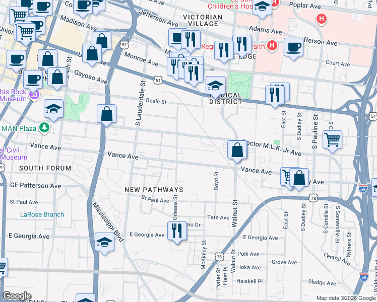map of restaurants, bars, coffee shops, grocery stores, and more near 674 Vance Avenue in Memphis