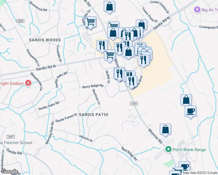 map of restaurants, bars, coffee shops, grocery stores, and more near 9005 Nolley Court in Charlotte