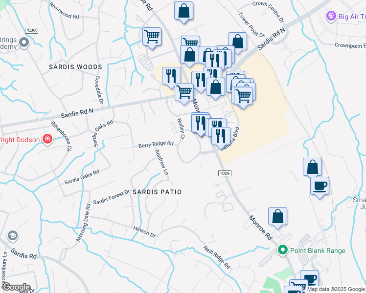 map of restaurants, bars, coffee shops, grocery stores, and more near 9131 Nolley Court in Charlotte