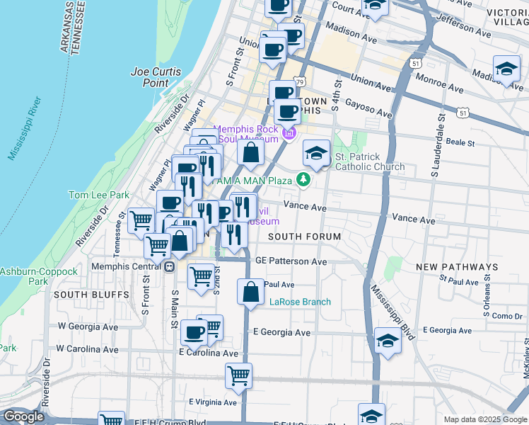 map of restaurants, bars, coffee shops, grocery stores, and more near 375 Abel Street in Memphis