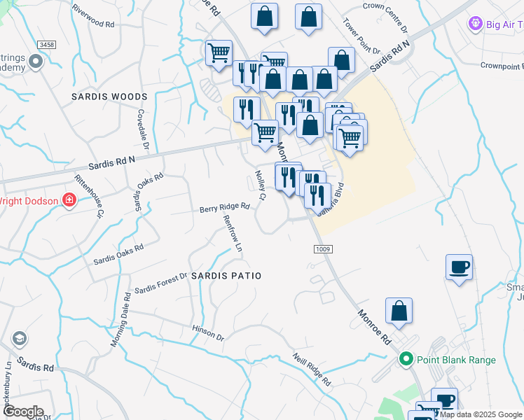 map of restaurants, bars, coffee shops, grocery stores, and more near 9012 Nolley Court in Charlotte