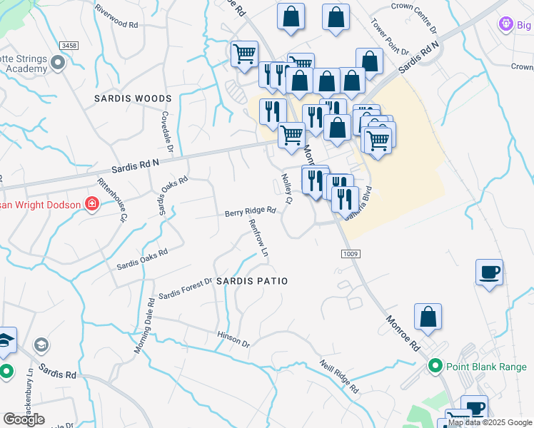 map of restaurants, bars, coffee shops, grocery stores, and more near 9012 Nolley Court in Charlotte
