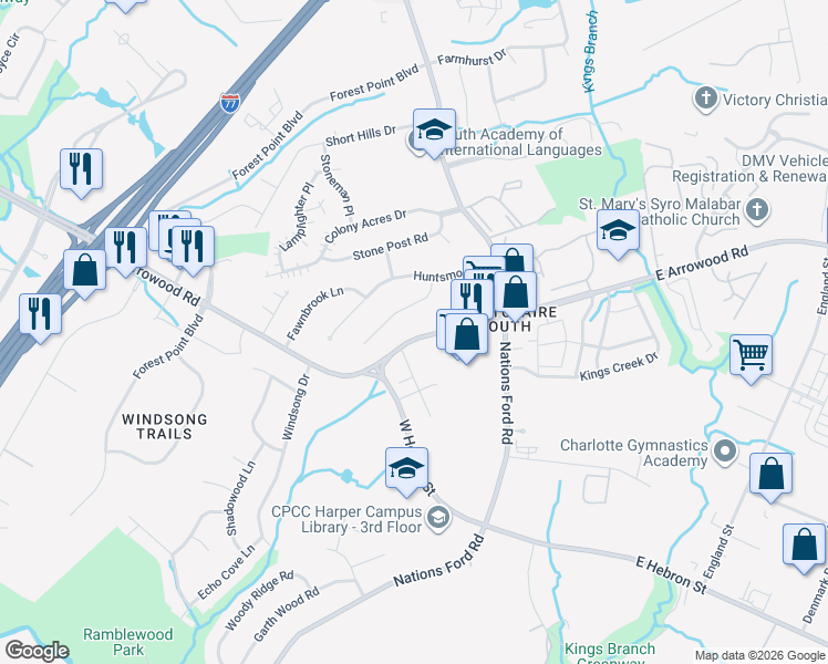 map of restaurants, bars, coffee shops, grocery stores, and more near 205 West Arrowood Road in Charlotte