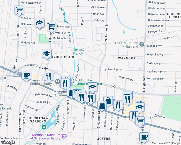 map of restaurants, bars, coffee shops, grocery stores, and more near 3193 McIntosh Cove in Memphis