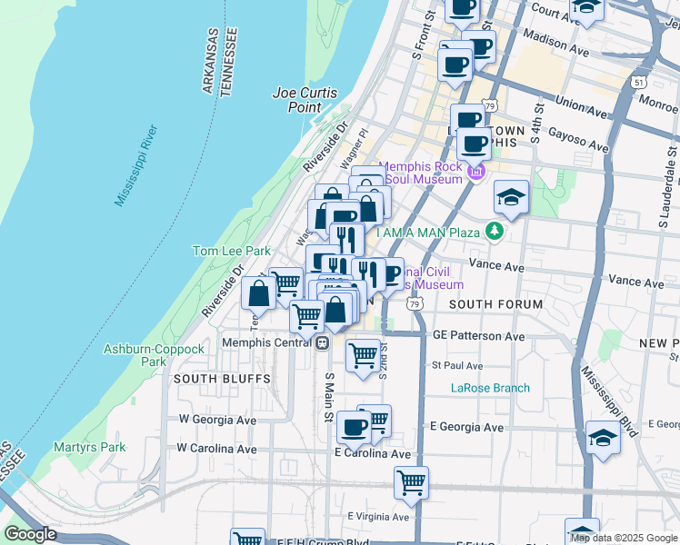 map of restaurants, bars, coffee shops, grocery stores, and more near 474 South Main Street in Memphis