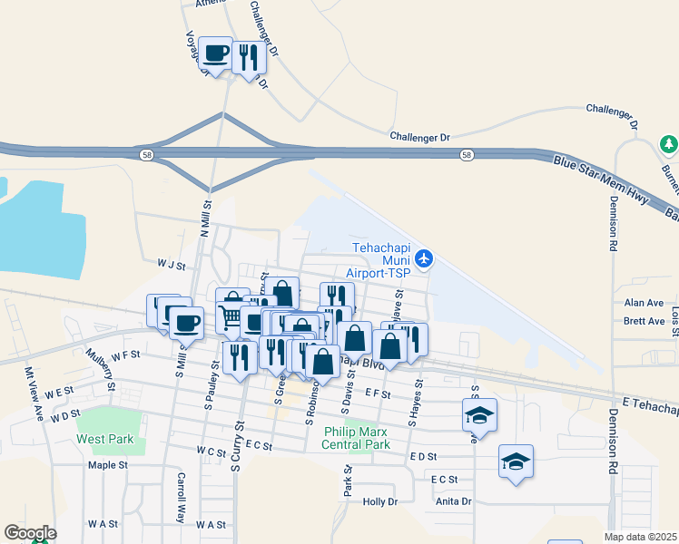 map of restaurants, bars, coffee shops, grocery stores, and more near 203 East J Street in Tehachapi