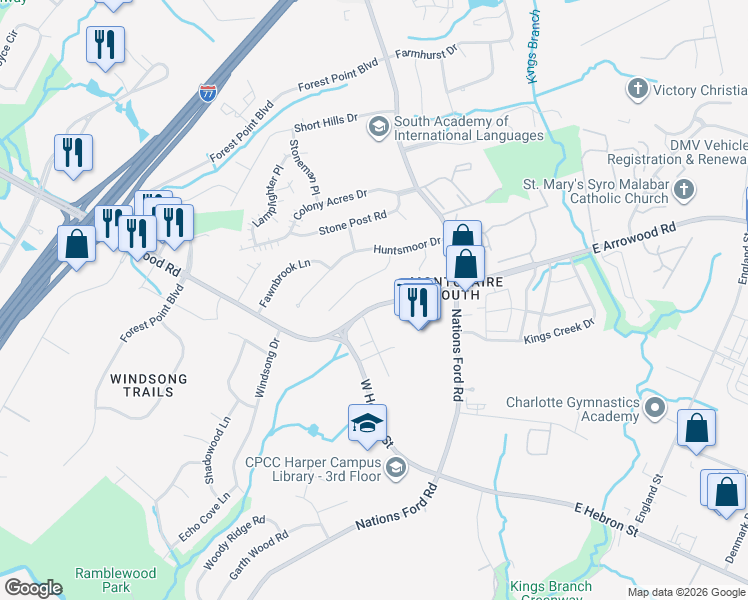 map of restaurants, bars, coffee shops, grocery stores, and more near 205 West Arrowood Road in Charlotte
