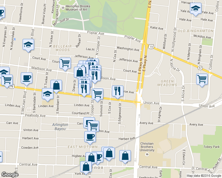 map of restaurants, bars, coffee shops, grocery stores, and more near Monroe Ave & S Cox St in Memphis
