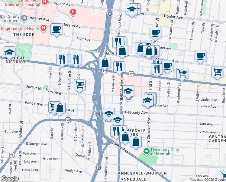 map of restaurants, bars, coffee shops, grocery stores, and more near Pasadena Place in Memphis