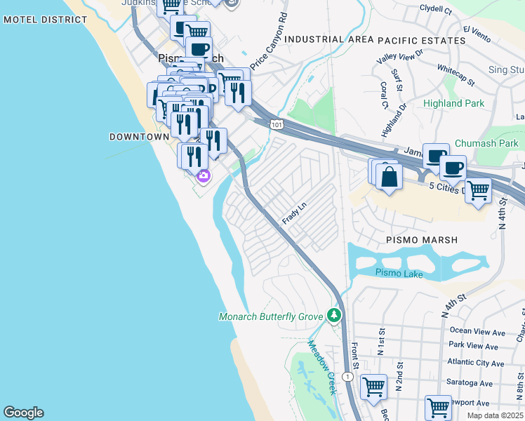 map of restaurants, bars, coffee shops, grocery stores, and more near 9 South Dolliver Street in Pismo Beach