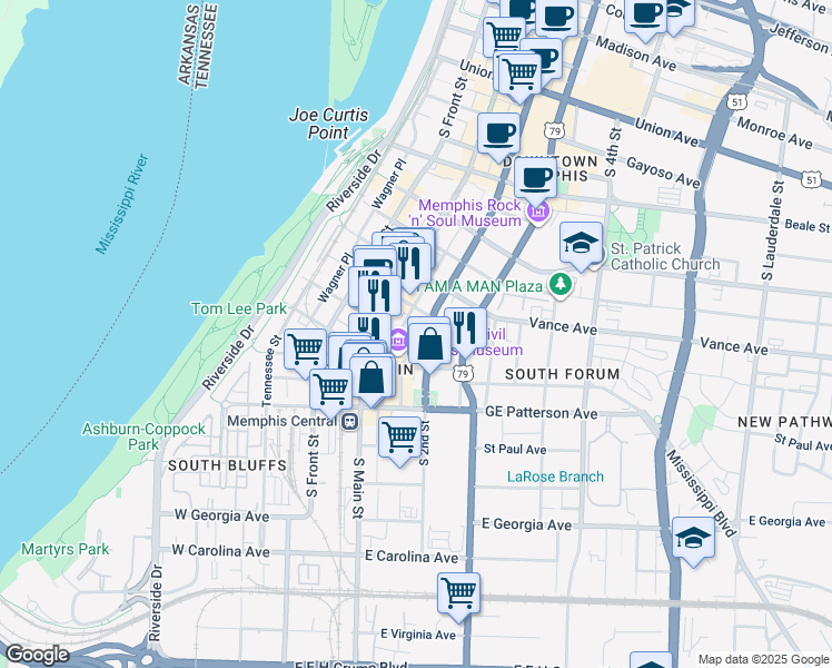 map of restaurants, bars, coffee shops, grocery stores, and more near 438 Saint Martin Street in Memphis