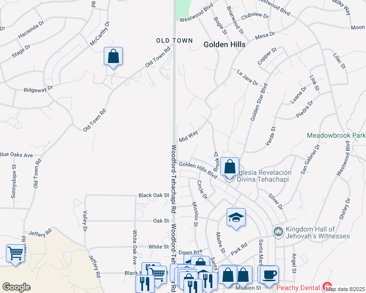 map of restaurants, bars, coffee shops, grocery stores, and more near 21706 Mid Way in Tehachapi
