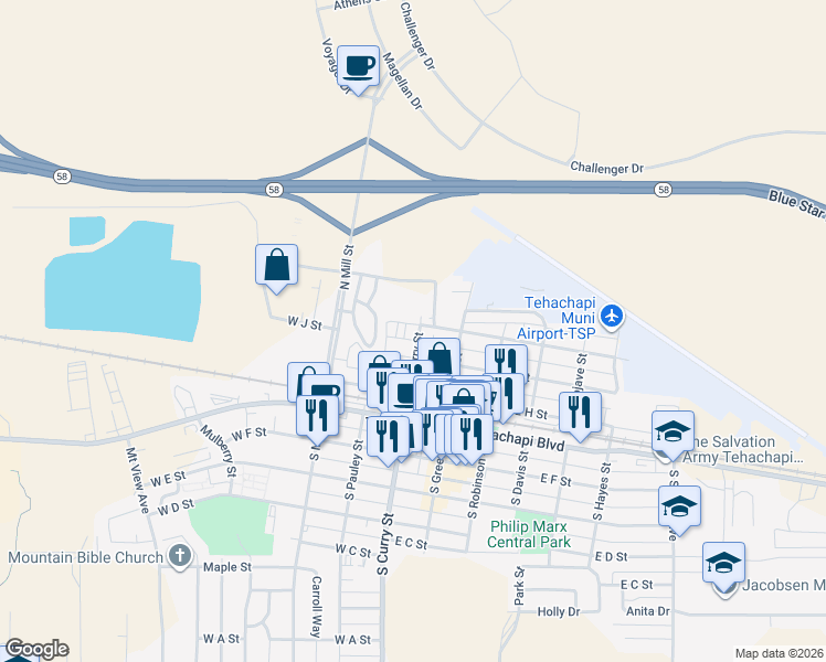 map of restaurants, bars, coffee shops, grocery stores, and more near 219 North Curry Street in Tehachapi