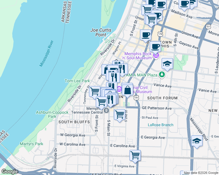 map of restaurants, bars, coffee shops, grocery stores, and more near 474 South Main Street in Memphis