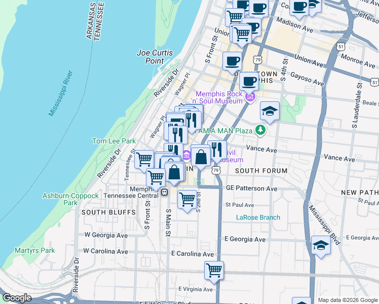 map of restaurants, bars, coffee shops, grocery stores, and more near 138 Huling Avenue in Memphis