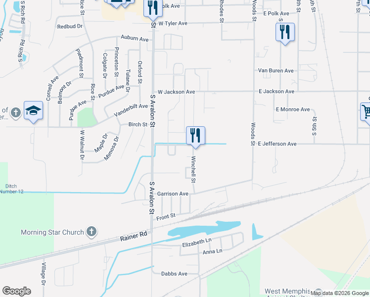 map of restaurants, bars, coffee shops, grocery stores, and more near 241 Winchell Cove in West Memphis