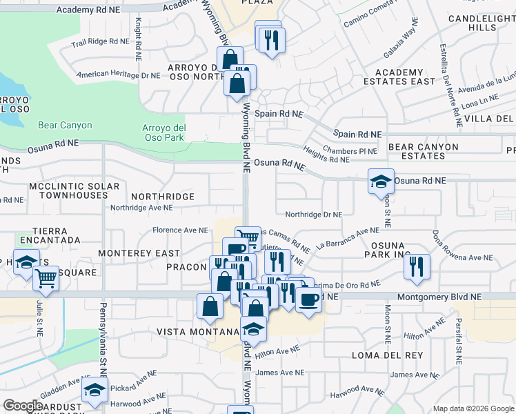 map of restaurants, bars, coffee shops, grocery stores, and more near 4801 General Bradley Street Northeast in Albuquerque