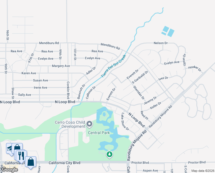 map of restaurants, bars, coffee shops, grocery stores, and more near Darrow Drive in California City