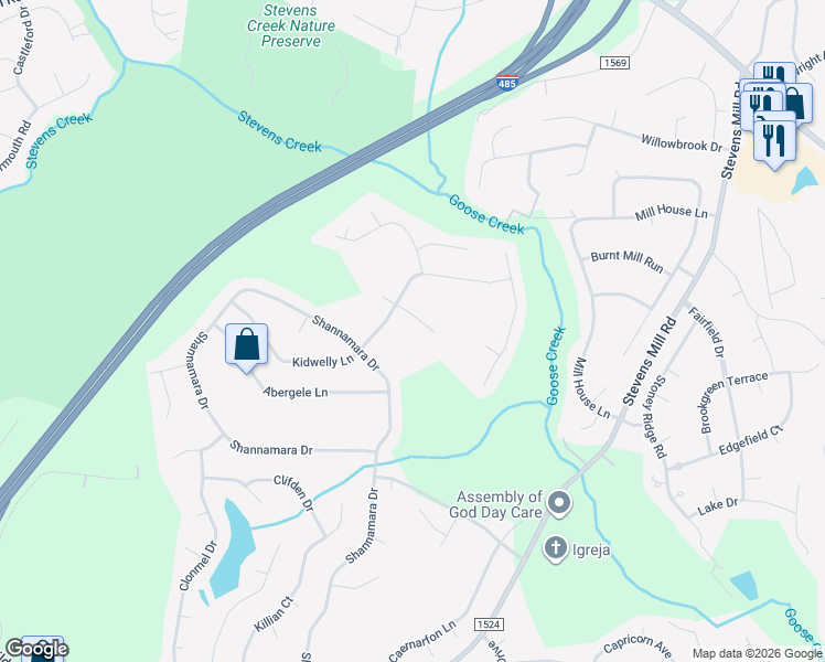 map of restaurants, bars, coffee shops, grocery stores, and more near 4720 Shannamara Drive in Matthews