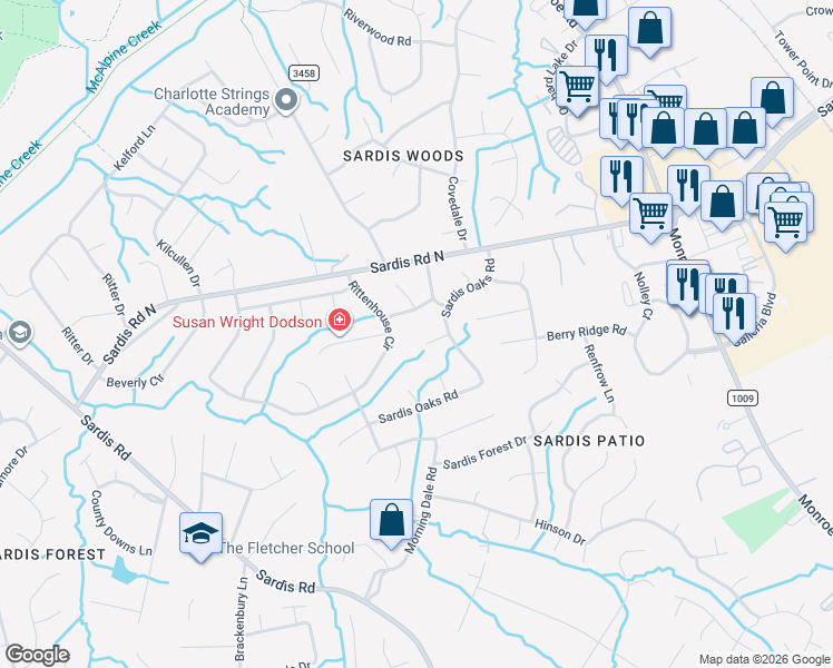 map of restaurants, bars, coffee shops, grocery stores, and more near 905 Munday Court in Charlotte