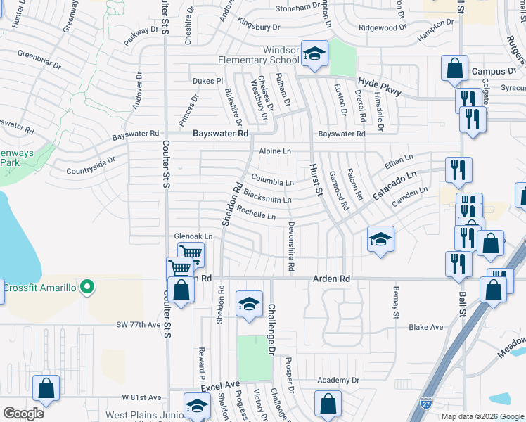 map of restaurants, bars, coffee shops, grocery stores, and more near 6814 Windridge Place in Amarillo