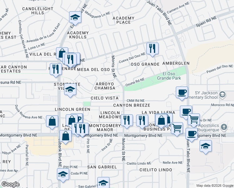 map of restaurants, bars, coffee shops, grocery stores, and more near 10253 Gutierrez Road Northeast in Albuquerque