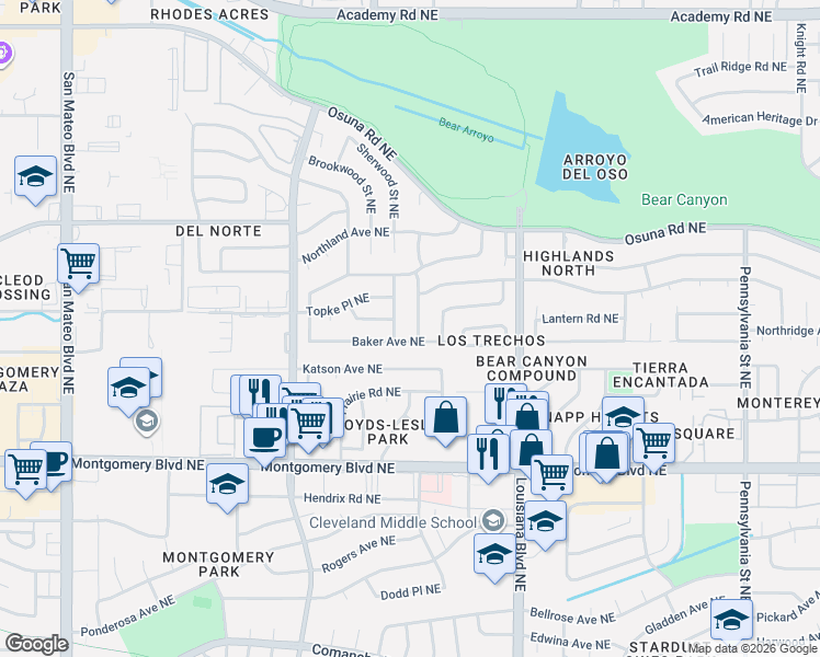 map of restaurants, bars, coffee shops, grocery stores, and more near 6400 Baker Avenue Northeast in Albuquerque