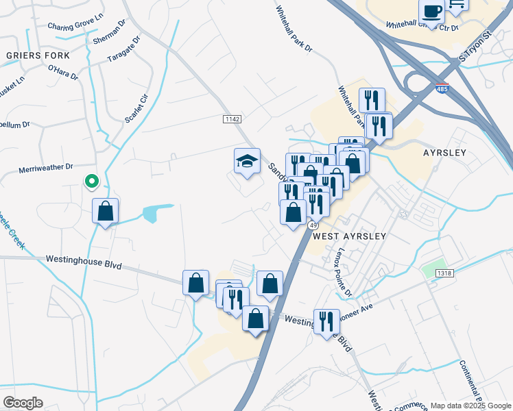 map of restaurants, bars, coffee shops, grocery stores, and more near 2330 Township Road in Charlotte
