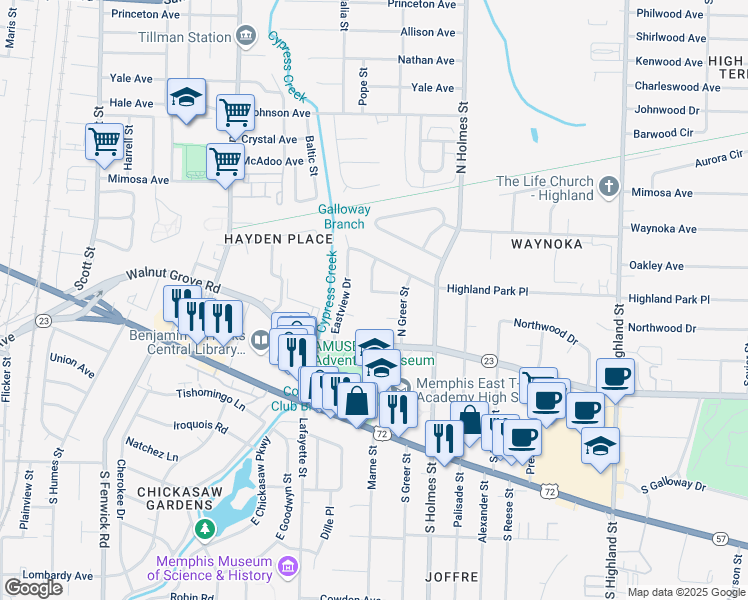map of restaurants, bars, coffee shops, grocery stores, and more near 3193 McIntosh Cove in Memphis