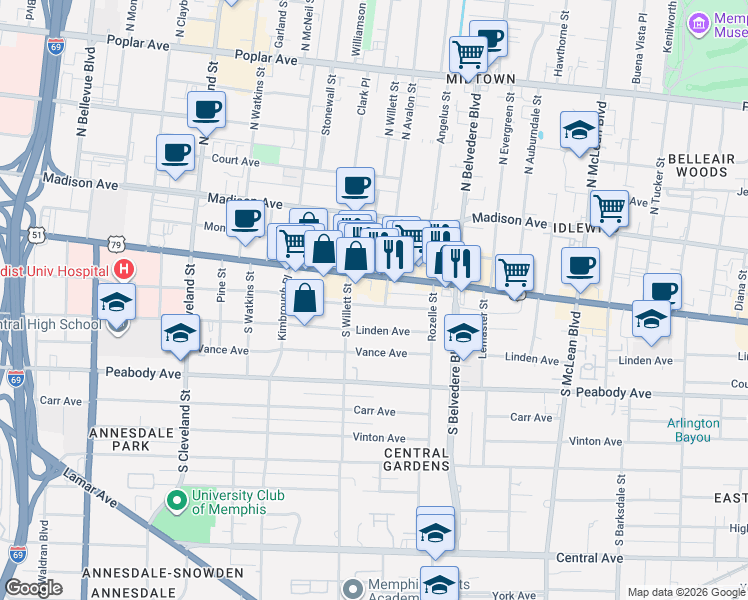 map of restaurants, bars, coffee shops, grocery stores, and more near 1574 Linden Avenue in Memphis
