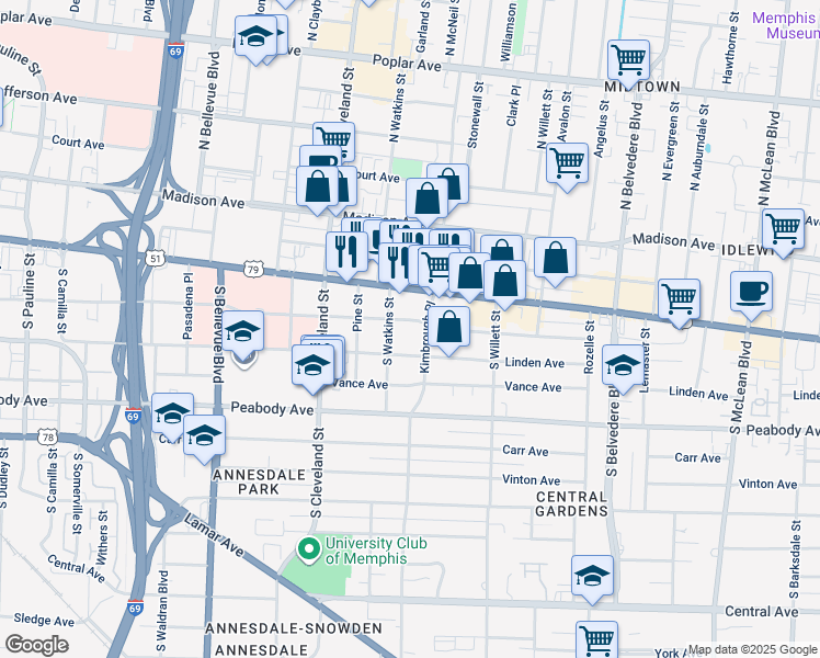 map of restaurants, bars, coffee shops, grocery stores, and more near 1438 Linden Avenue in Memphis