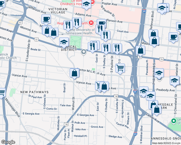 map of restaurants, bars, coffee shops, grocery stores, and more near 910 Vance Avenue in Memphis