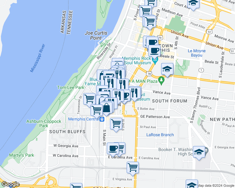 map of restaurants, bars, coffee shops, grocery stores, and more near 438 Saint Martin Street in Memphis